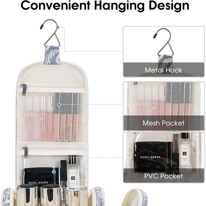 Сумка для туалетних аксесуарів для жінок та чоловіків, що підвішується, косметичка, дорожня сумка (Блакитне листя) Z-блакитне листя