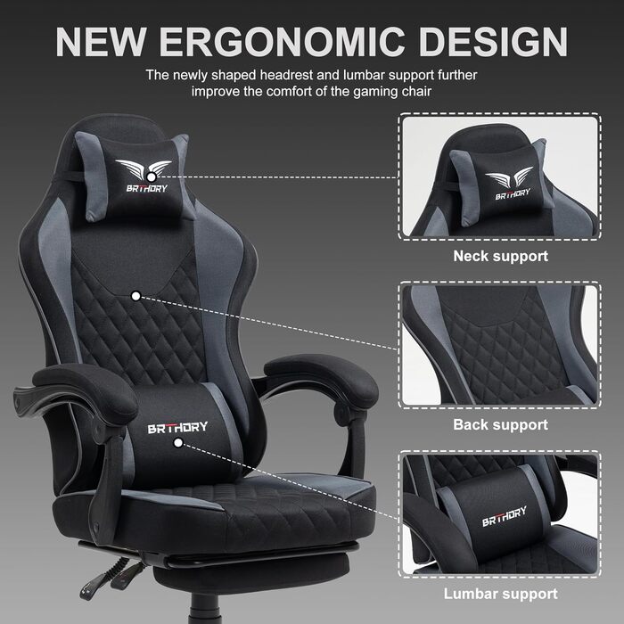 Геймерське крісло Racing Ergonomic Stoff – чорно-сіре з підставкою для ніг та регульованою спинкою (135°)