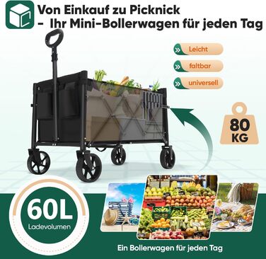 Складна візок-тележка Sekey Bollerwagen 80 кг, чорний 60л – для кемпінгу, покупок, з регульованою ручкою