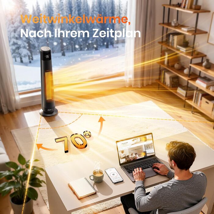 Електричний обігрівач PTC 2000W з керамічним нагрівачем, тихий, з термостатом та пультом керування, ECO режим, 70° осциляція, 12h таймер, захист від перегріву та перекидання, чорний, 1 шт.