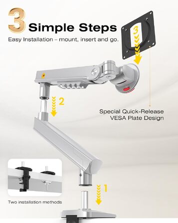 Ергономічний кронштейн для монітора NB Smoovex™ (17-32 дюйми), однорукавий підвіс до 9 кг, механічна пружина, VESA 75x75 та 100x100 мм, сріблястий (A5)