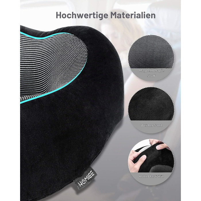 Ортопедична подушка для подорожей HOMIEE з ефектом пам'яті (Memory Foam), ергономічна підтримка шиї для літака, авто та офісу, чорна