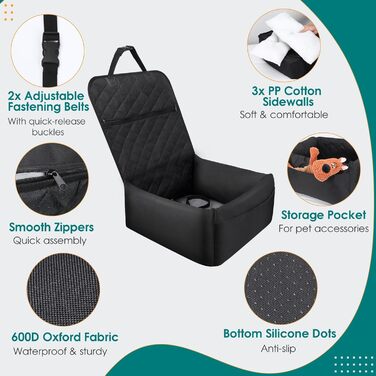 Автомобільний лежак для собак 2-в-1, чорний. Зігсвіт, з ременями безпеки, вбираючою підстилкою та знімним чохлом. Для маленьких собак