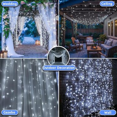 Лампочки-завіса для декору інтер'єру та екстер'єру 300 LED, 3x3м, різдвяне освітлення, 8 режимів, таймер, вологостійка, для вікна, стіни, вечірки, шлюбу, холодний білий