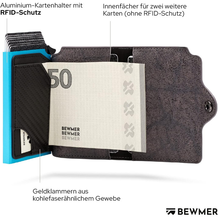 BEWMER Преміум картхолдер для кредитних карток | Смарт-портмоне для жінок та чоловіків з RFID захистом від копіювання | Шкіряне картхолдер-гаманець сірого кольору