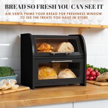 Бак для хліба Arise з вентиляцією, великий контейнер для зберігання хліба, 2 полиці та вікно, дерев'яний контейнер для хліба, булочок, хлібосховище. 40 x 26 x 37, бамбук чорного кольору, самостійна збірка