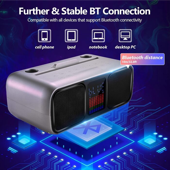 Караоке Машина з 2 Бездротовими Мікрофонами, Bluetooth Колонка з Сенсорним Екраном, LED-підсвічуванням та Підставкою для Телефону, Караоке Колонка для Дітей з USB/TF/AUX (Срібна)