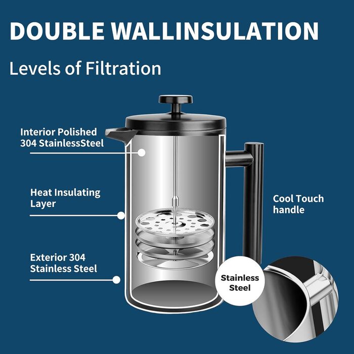 Френч-прес MERMOO YILAN 1L з нержавіючої сталі: термоізольований кавовар для кемпінгу, з подвійними стінками, 1000 мл (чорний)