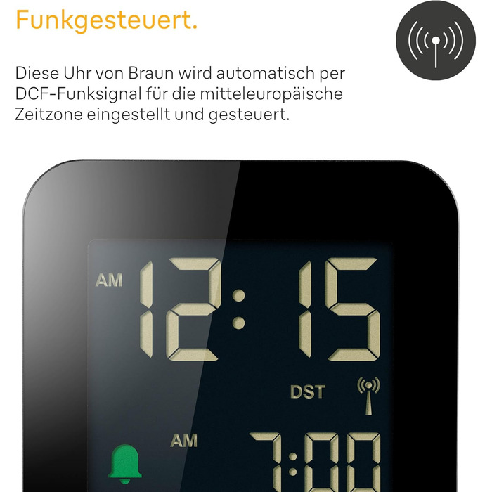 Braun Digital Travel Alarm Clock, Central European Time (CET) zone with snooze function, compact size, negative LC display, crescendo alarm in black, model BC08B-DCF.