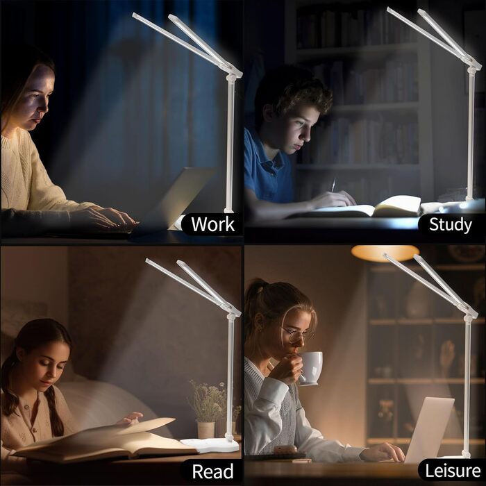 LED лампа настільна LQWELL® QM019 з диммуванням, USB-зарядкою, сенсорним керуванням та пам'яттю для дітей та офісу. 5 кольорів, 10 рівнів яскравості, металевий корпус, для захисту очей.