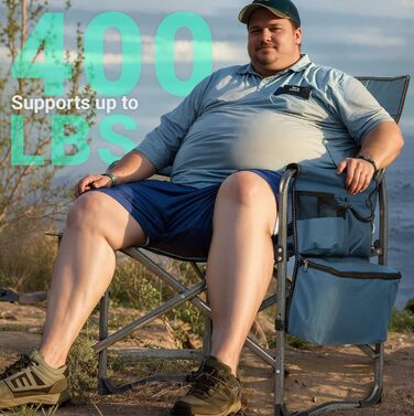 Кемпінговий стілець OVERMONT складний з бічним столиком та охолоджувальною сумкою, до 180 кг - блакитно-сірий