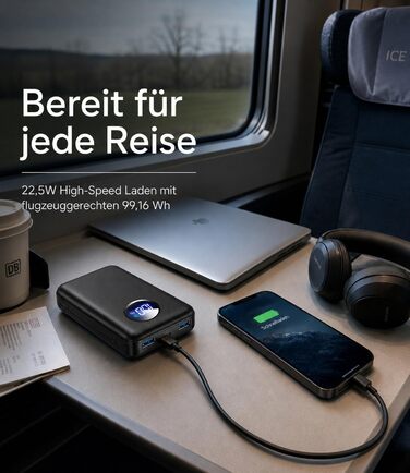 Power Bank 26800mAh 22.5W з 3 портами (USB-C PD 3.0, QC 3.0, USB-A) – Зовнішній акумулятор для iPhone, Samsung, iPad, компактний, авіаперевезення