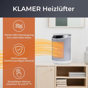 Електричний обігрівач Klamer 2000W з PTC-керамічним нагрівачем, 3 режими, таймер 9 год, термостат, захист від перегріву та перекидання, з пультом керування, білий