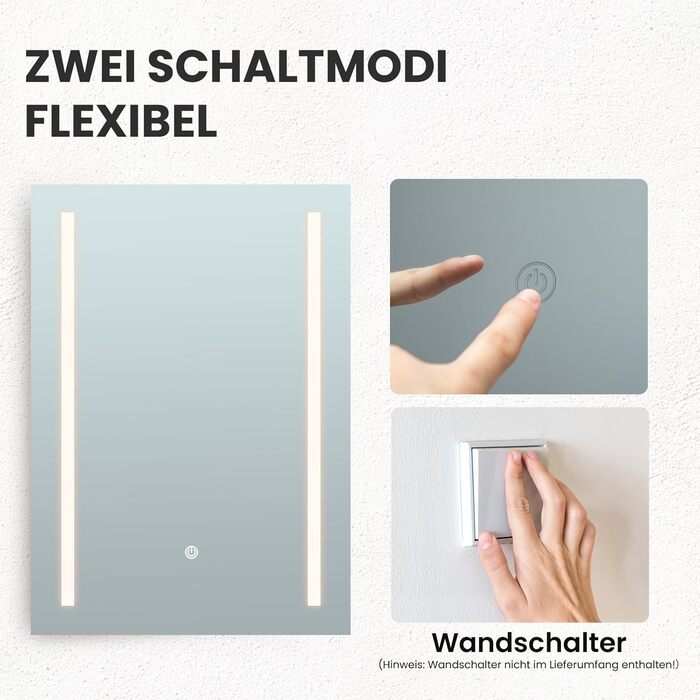 Дзеркало для ванної кімнати з підсвічуванням 70x50 см | LED дзеркало | IP54 вологостійке | Сенсорне керування | Настінне дзеркало | Горизонтальна/Вертикальна установка 6500K холодне біле світло (70x50cm-stil 2)