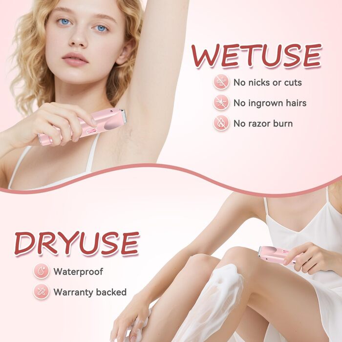Електричний тример для бікіні для жінок, 2-в-1, рожевий. Тример для тіла, обличчя, брів, вусів, бороди, рук та ніг. Вологостійкий IPX7, для сухого та вологого використання.