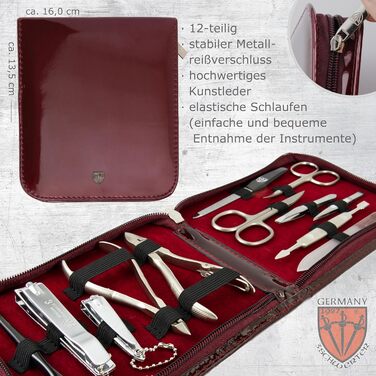 Набір для манікюру та педикюру 'Firenze' 12 предметів | Якісний футляр з екошкіри для догляду за руками та ногами. Колір: Бордовий | Вміст: ножиці для нігтів, кусачки, пінцет та багато іншого