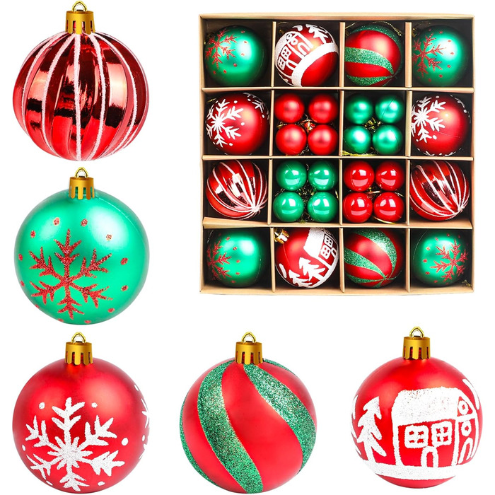 Набір прикрас на ялинку 44 шт: блакитні та срібні кулі різних розмірів (6см та 3см) для ялинки, внутрішнє та зовнішнє використання, декор для ялинки (червоний/зелений)