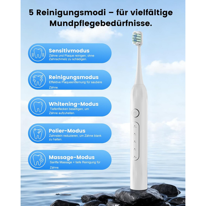 Електрична зубна щітка зі звуковими вібраціями, 5 режимів, таймер 30с, для відбілювання зубів за 2 тижні, 8 змінних насадок з м'якою 3D-щіткою, IPX7, 8 насадок