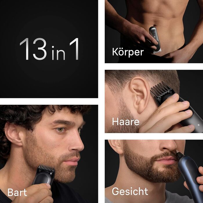 Braun Series 7 All-in-One AIO7545: Триммер для бороди, носа, волосся (13 в 1), сірий. Акумулятор 120 хв, 14 насадок (0.1-21 мм), водонепроникний