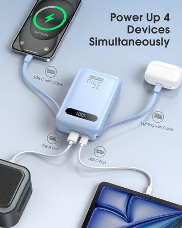 Powerbank 20000mAh з PD 35W, USB-C, LED дисплеєм та кабелями для iPhone, Samsung, Huawei