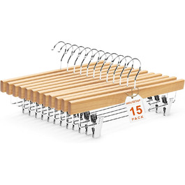 Дерев'яні вішалки для штанів та одягу HOUSE DAY з кліпсами, 25 шт. Вішалки для спідниць, дерев'яні білі вішалки для одягу, компактні вішалки для штанів з обертовим гачком 360°, ширина 35,5 см (натуральне дерево)