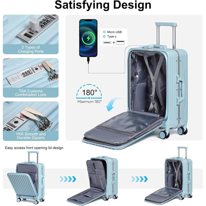Валіза ручної поклажі Sea Choice з жорстким корпусом з PC, відділенням для ноутбука, USB-портом, 8 спін-колесами, замком TSA та тримачем для напоїв (1 шт., блакитний)
