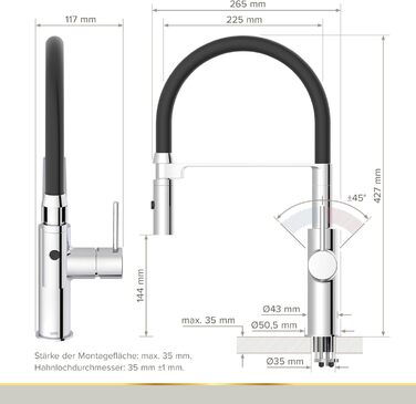 Кухонний змішувач Lenz NALU - матовий, з висувною лійкою, 2 режими, економія води, антижир, монтаж зверху, 46070422 (хром)