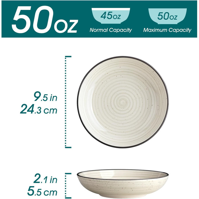 Набір супових тарілок Vancasso Bonbon (6 шт.), супові миски з кераміки, об'єм 1500 мл, глибокі, для пасти, салатів, підходить для миття в посудомийній машині та використання в мікрохвильовій печі, бежевий