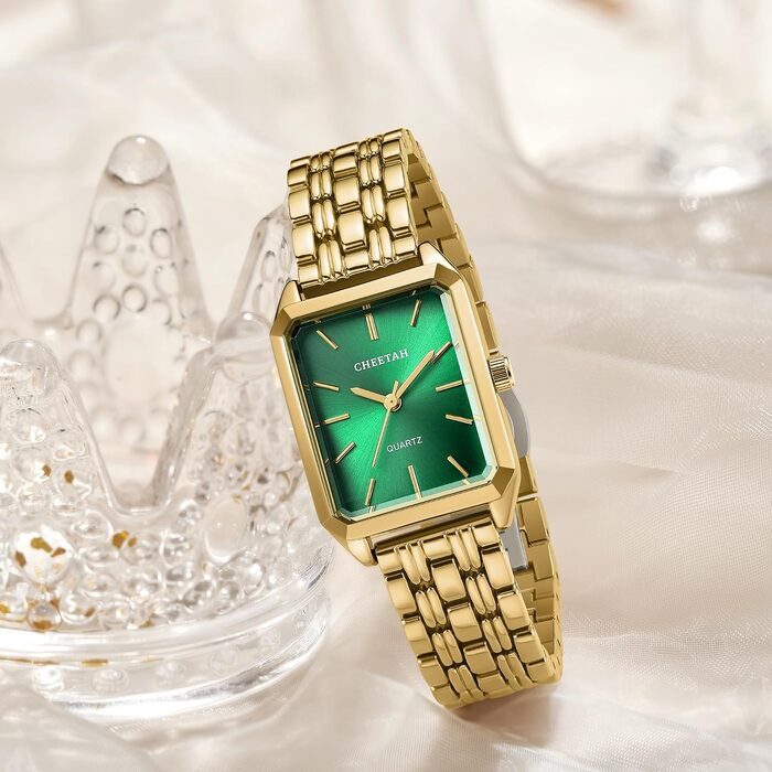 Жіночий наручний годинник CHEETAH Vintage Quartz — золотистий прямокутний корпус, сталевий браслет, водонепроникний (Золото/Зелений)
