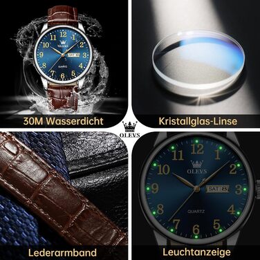 Чоловічий годинник OLEVS з нержавіючої сталі, кварцовий, аналоговий, класичний, бізнес-стиль, водонепроникний, з підсвічуванням, з датою, на шкіряному ремінці (A2 - синій циферблат/коричневий ремінь)