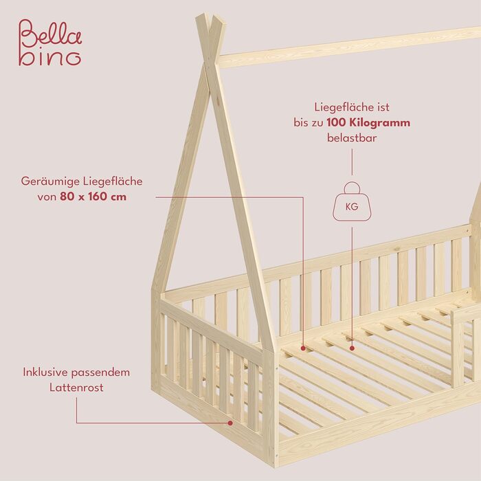 Bellabino Tajo Children's Bed Base 80x160 cm, House Bed made of Solid Pine Wood with Fall Protection/Rail and Slatted Frame in Natural for Children from 3 Years