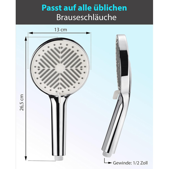 BLUMBACH® Shower Head - Water-Saving - High-Pressure Aqua Joy Shower Head - 8 Spray Patterns, Pressure-Boosting Shower Head, Shower Head, Water-Saving Shower Head, High Water Pressure Strong Jet (6L/Min. 3 Spray Patterns / Water-Saving Shower Head)