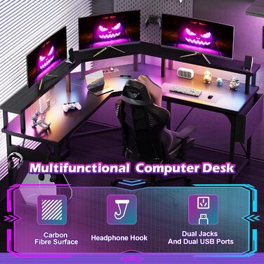 Ігровий стіл 153x153 см L-подібний з LED підсвіткою, 2 розетками, 2 USB портами, полицею для монітора, кутовий комп'ютерний стіл, вугільно-чорний