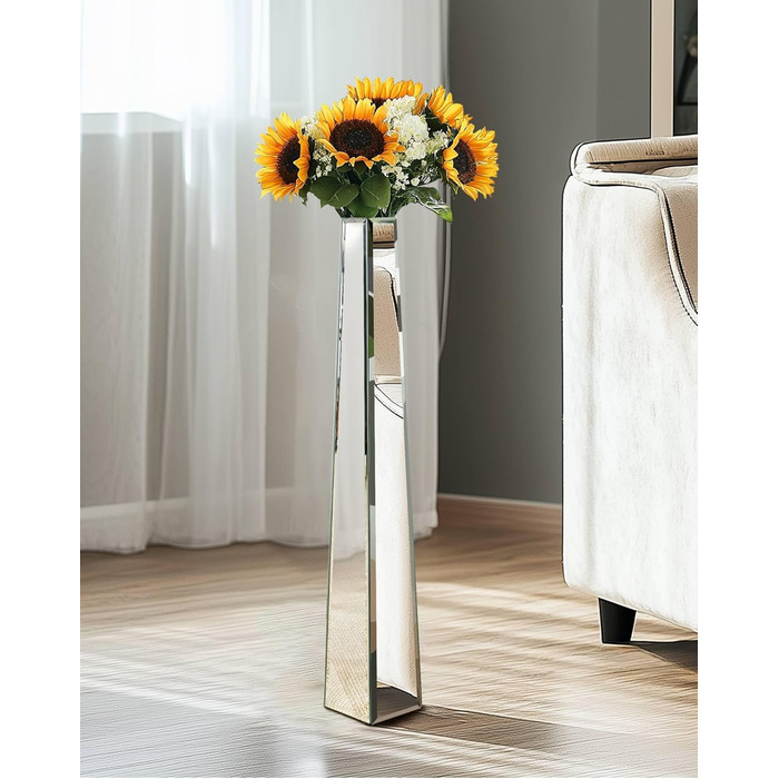 Ваза для квітів на підставці 68 см, срібна з кристалами, для пампасних трав, скляна з дзеркальними діамантами, декоративна, люкс, блискуча ваза для вітальні, декор інтер'єру. Без утримання води (18Ш x 77В см)