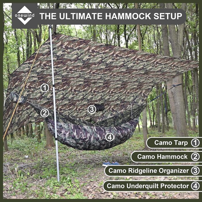 Гамак-тент OneWind Camo 365x295 см: ультралегкий, для кемпінгу, бушкрафту, з підставою та дверима