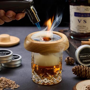 Набір для димування коктейлів та віскі – 6 видів деревини, ліхтарик, генератор диму (без бутану) – покращений нагрівач, 2 форми для льоду, 6 гранітних каменів