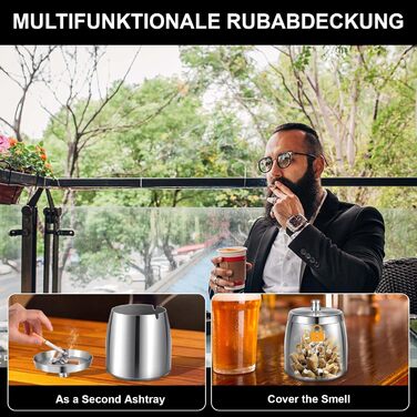 Нержавійна попільничка для вулиці та дому з кришкою, з антиковзною основою (срібна)