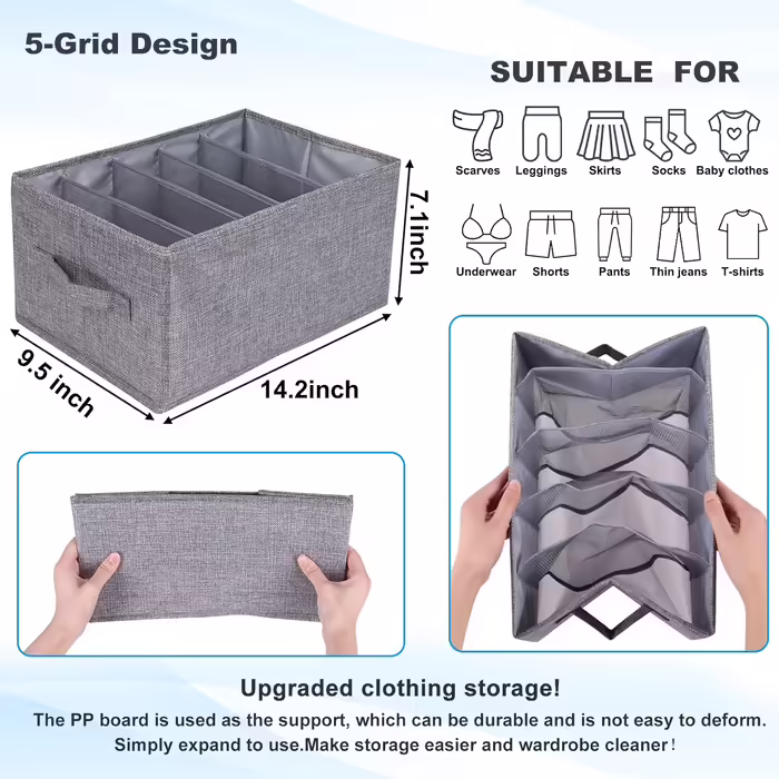 4 Piece Closet Clothes Organizer with Support Board, Foldable Jeans Organizer for Drawers, Washable Compartments, Closet Organizer and Storage Baskets for Jeans, 5 + 7 Grids, Grey (4 x 5 Compartments)