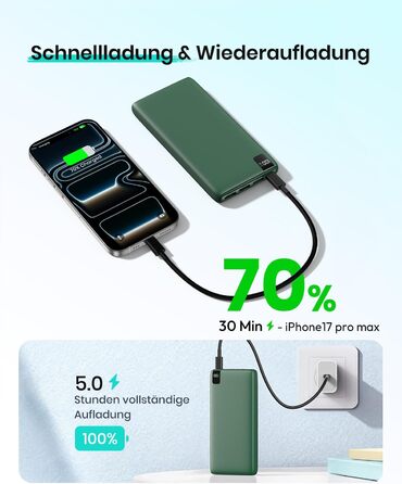 Power Bank ADDTOP 20000mAh 22.5W: Зовнішній акумулятор USB-C для iPhone 17/16/15/14/13/12/11, Samsung Galaxy, швидка зарядка, LED-індикатор, зелений