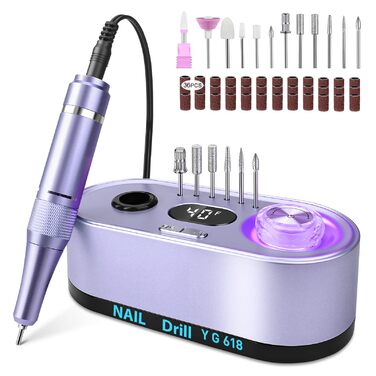 Електрична нігтьова фрезерна машинка для манікюру та педикюру, 40000 об/хв, LCD дисплей, професійний набір, фіолетовий