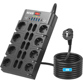 Мережевий фільтр BEVA з 18 розетками, 3680W/16A, захист від перенапруги 2100 Дж, 2 USB-C (15W) + 4 USB-A, з вимикачем, для офісу та дому