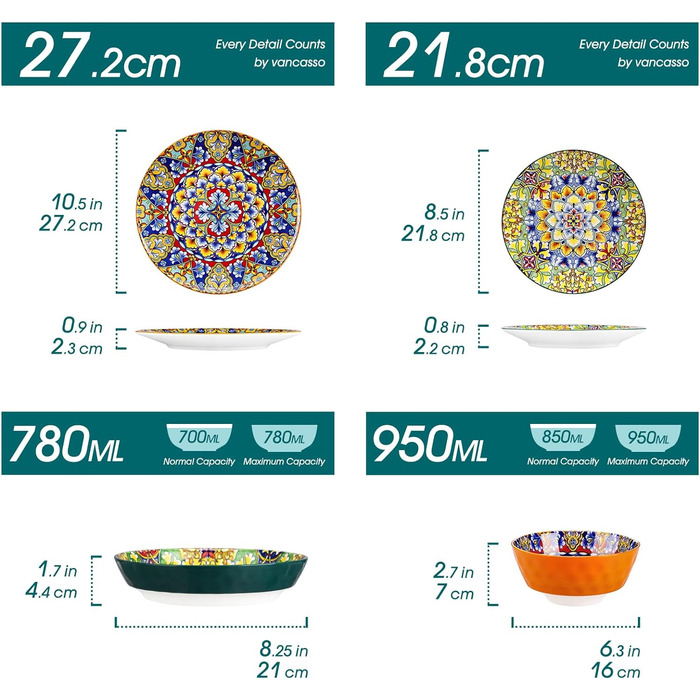Tableware service for 6 people, vancasso simi 24-piece combination tableware set made of porcelain, dinnerware set with dinner plates, dessert plates, soup plates, and bowls, Bohemian style 24-piece tableware service