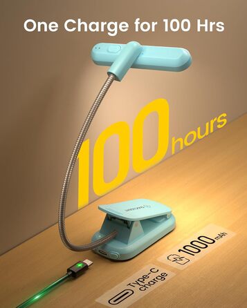 LED лампа для читання Glocusent з кріпленням на книгу, 22 світлодіоди, таймер, регулювання яскравості та кольору, акумулятор 1000 mAh (до 100 годин), для книголюбів, блакитна