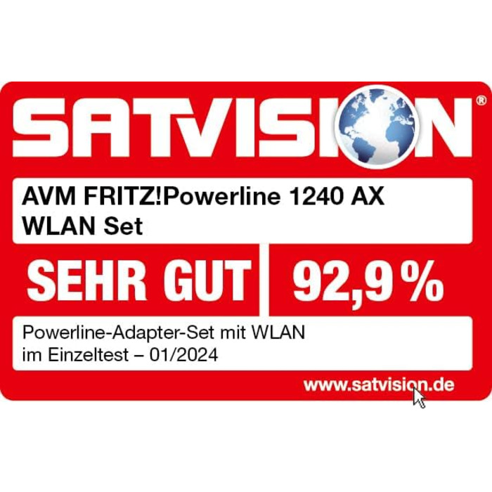 Набір FFRITZ!Powerline 1240 AX WLAN: Powerline Gigabit Wi-Fi 6, точка доступу WLAN, для медіа-трансляції, HD-відео, інтернет-ТБ, 1200 Мбіт/с