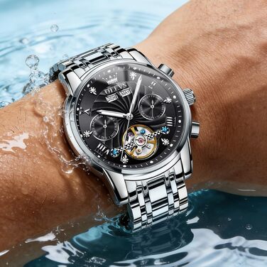 Чоловічий механічний годинник OLEVS з автопідзаводом, турбійоном та календарем, водонепроникний, сріблясто-чорний (7088)