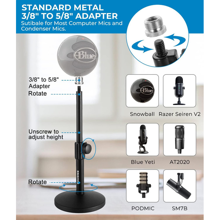 Підставка для мікрофона BILIONE з поп-фільтром та амортизатором, регульована, з адаптерами для настільного використання