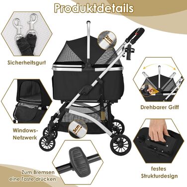 Візок для собак Mamizо 3-в-1: візок, переноска, сумка. До 20 кг, поворотні колеса, кошик, тримач для напоїв, для собак та котів (сріблястий, чорний)