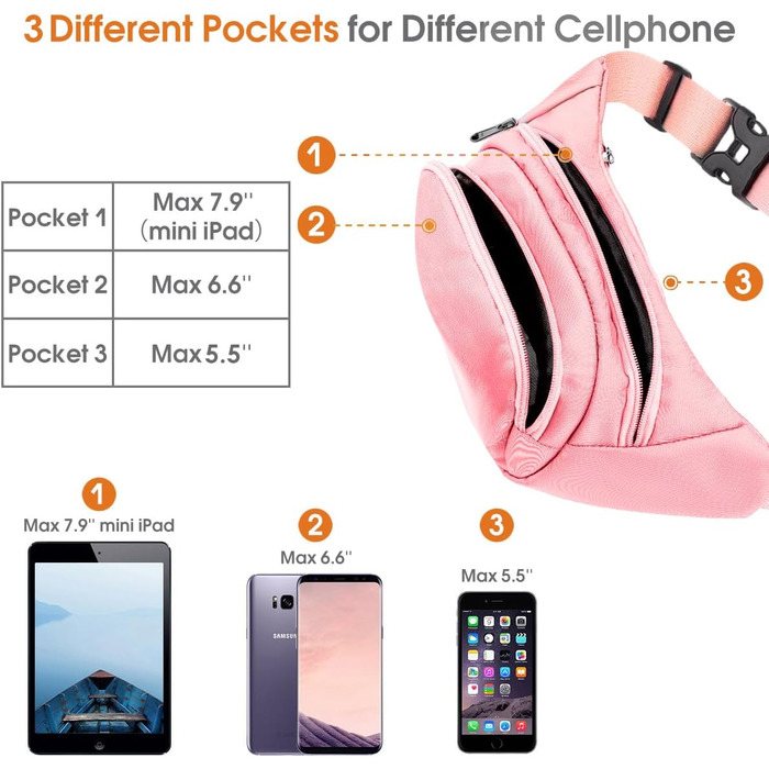 Жіноча/Чоловіча поясна сумка 4 Taschen, велика місткість, водонепроникна, для iPad mini та iPhone 12 Pro Max, для спорту (рожевий)