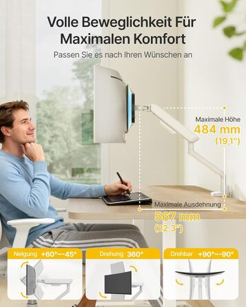 Кронштейн для монітора monTEK для екранів 17-40 дюймів, білий, настільний підвіс до 12 кг, поворотний 360°, регулювання висоти та нахилу, VESA 75/100, з USB-портами (набір 2 шт.)