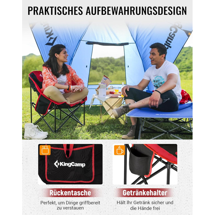 Крісло для кемпінгу KingCamp Moonchair XXL: зручне, з підлокітником, витримує до 205 кг, для відпочинку на природі, саду, риболовлі та балкону (червоний)